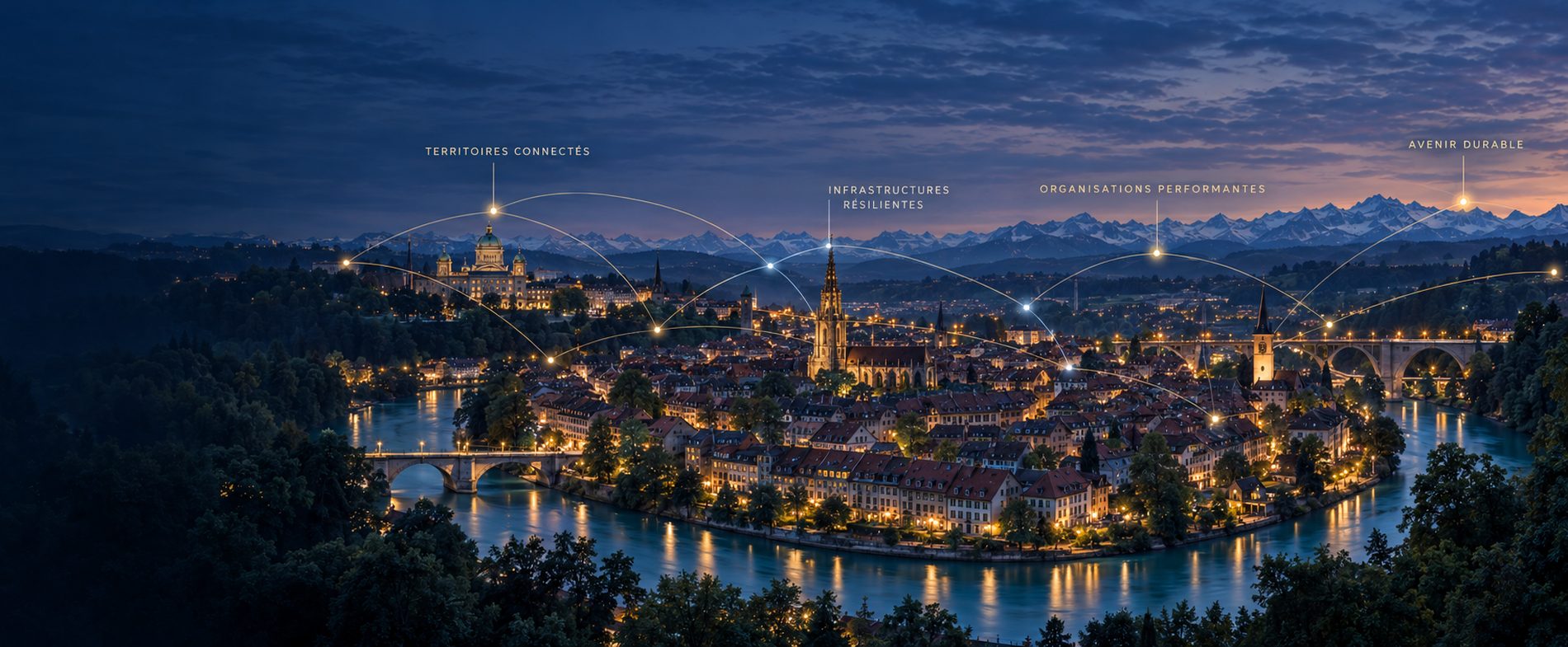 Panorama nocturne de Berne, l'Aar et les Alpes, parcourus d'un réseau de liaisons lumineuses