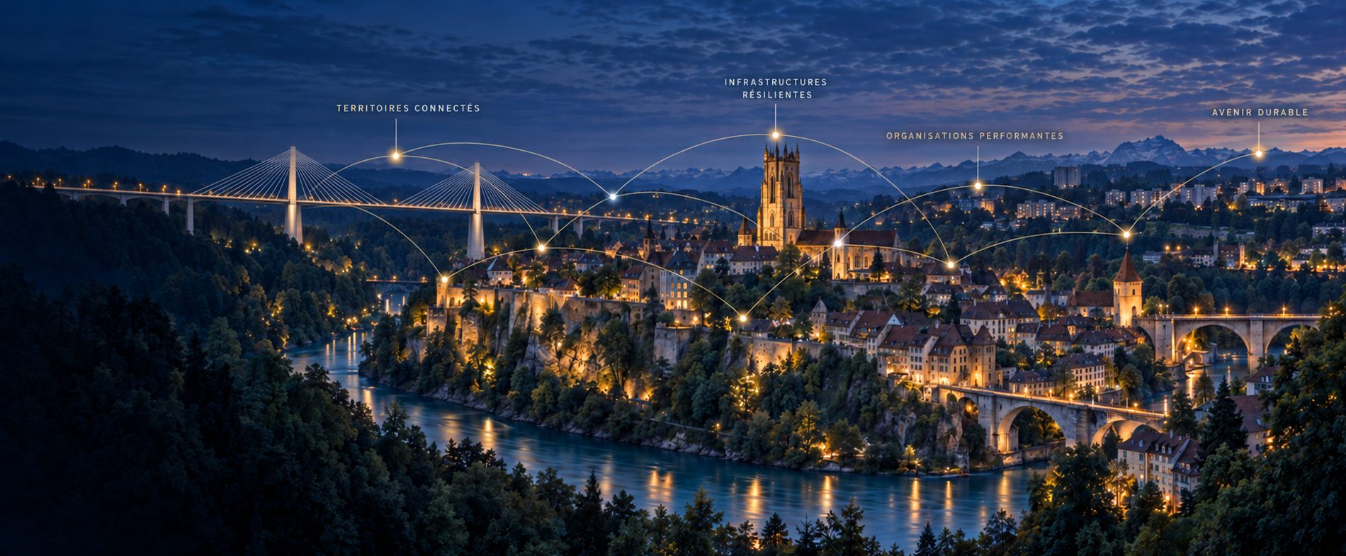 Panorama nocturne de Fribourg, le pont de la Poya et la cathédrale, parcourus d'un réseau de liaisons lumineuses